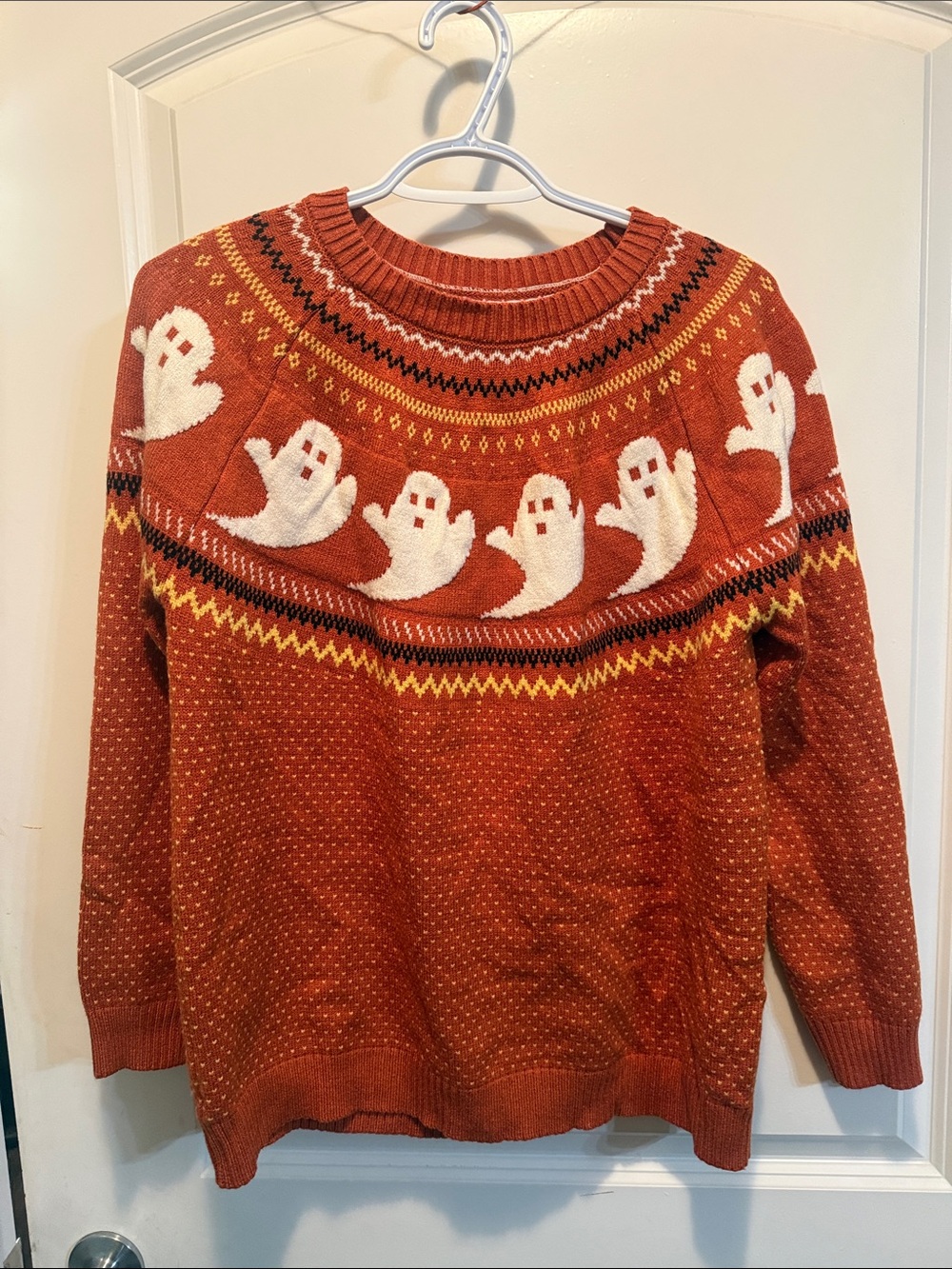 Halloween Themed Rust Orange Ghost Pattern Crewneck Sweater 🎃 👻